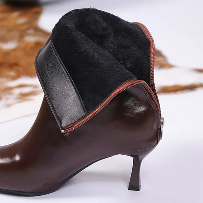 Sexy Pu Leather Thin High Heels Boots Women Back Zipper Pointed Toe Ankle Boots Woman Fleece Lining Warm Short Booties Mujer 42.