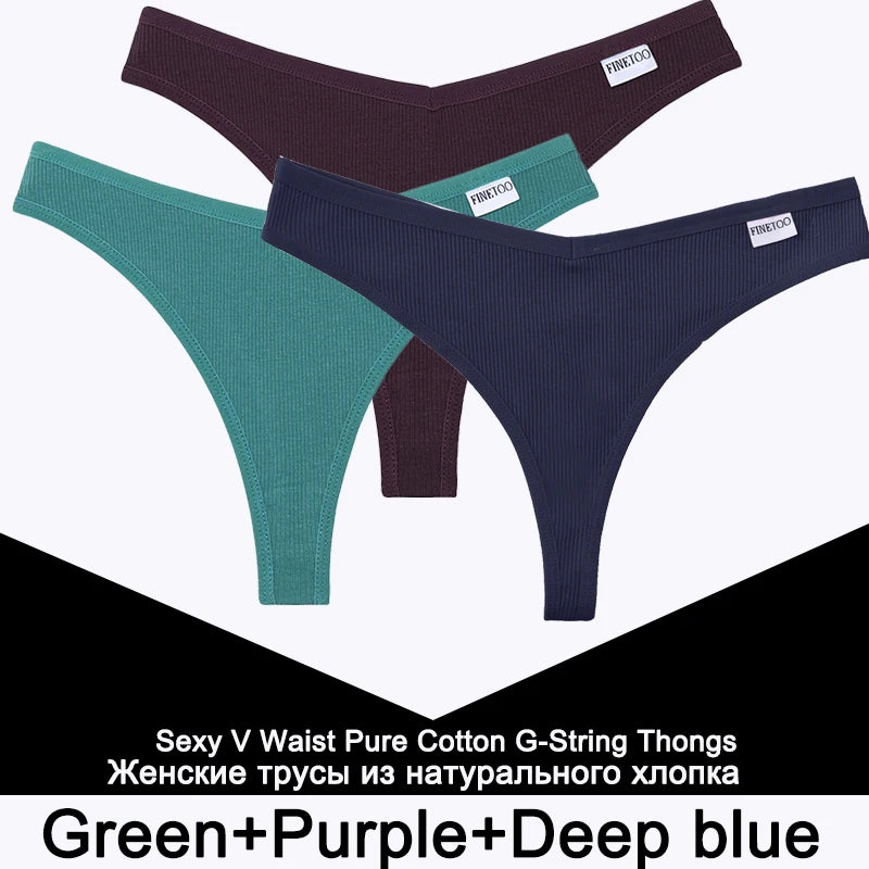FINETOO 3PCS/Set G-string Panties Cotton Women's Underwear Sexy Panty Female Underpants Thong Solid Color Lingerie T-Back Design