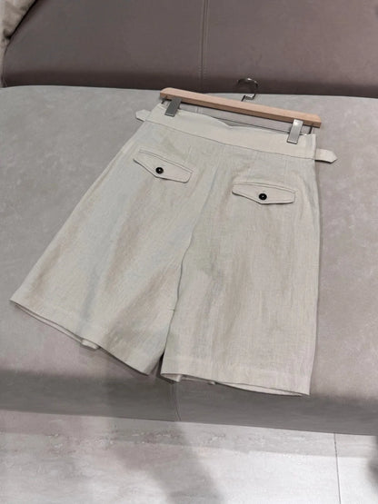 Summer women's solid color high quality linen shorts.