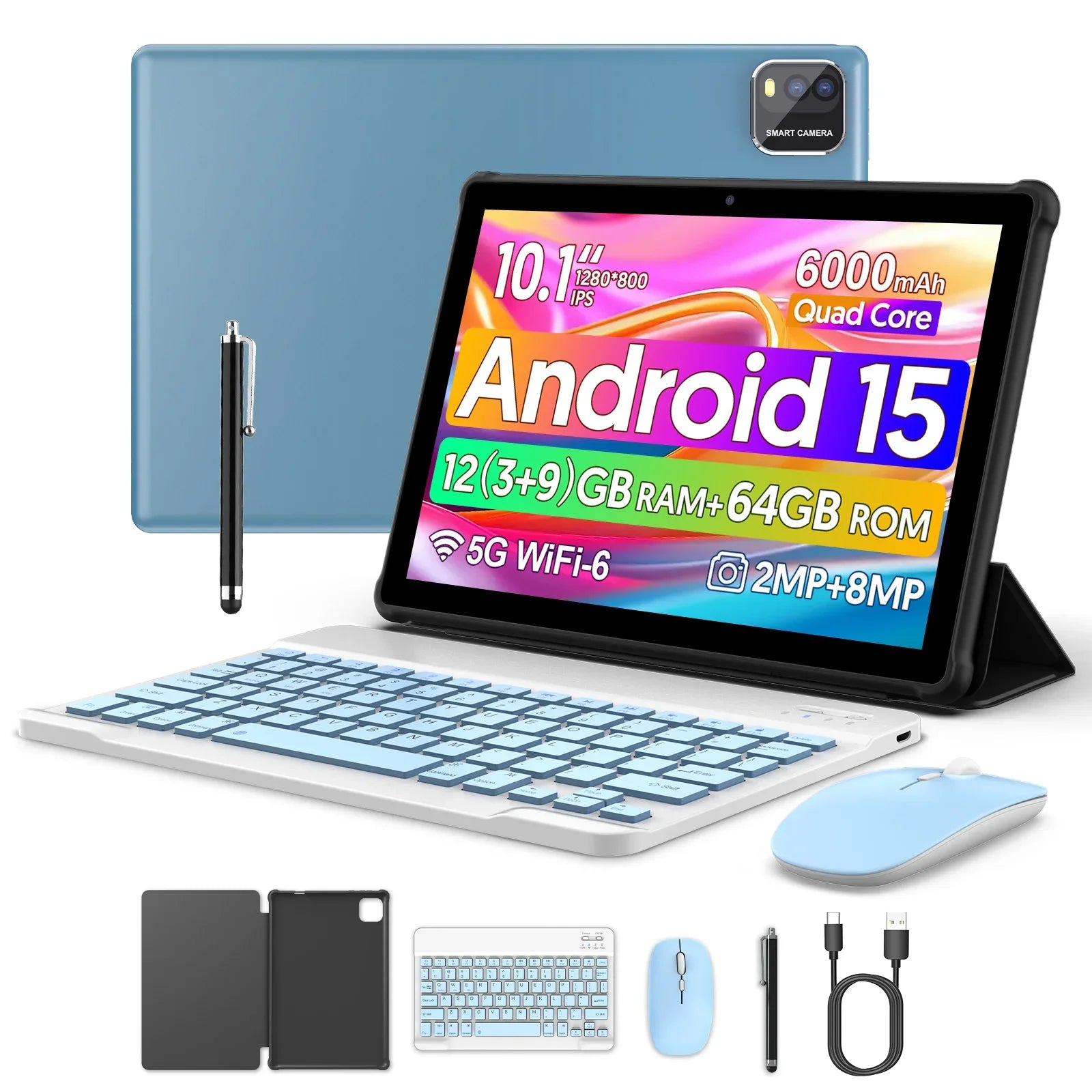 BAKEN 10-inch tablet with SIM card slot, Android 15, Wi-Fi, GPS, Bluetooth, 64GB storage, dual speakers, USB-C port.