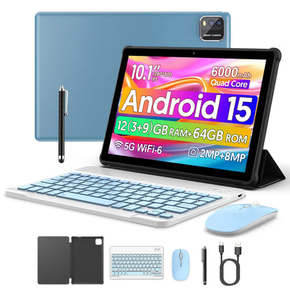 BAKEN 10-inch tablet with SIM card slot, Android 15, Wi-Fi, GPS, Bluetooth, 64GB storage, dual speakers, USB-C port.