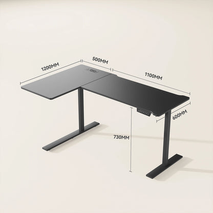 COSYHOMES-Höhenverstellbarer L-Förmiger Schreibtisch, 160 × 120 Cm, Mit Steckdosen, Einstufig, Schwarz