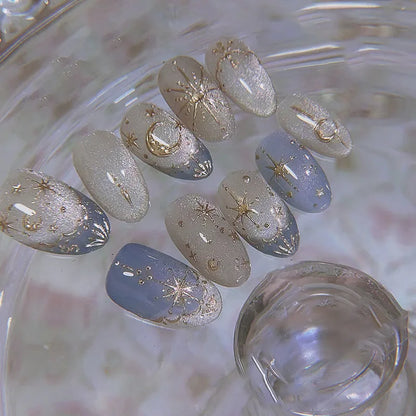 24pcs Romantic Y2k Star Press On Nails Gradient Blue French Style Gold Moon Designs Fake Nail Sweet Almond False Nails For Women.