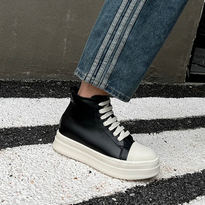 Street Style Ankle Boots for Men Genuine Leather High Top Shoes Fashion Brand Motorcycle Boots Thick Bottom  Male Walking Shoes.