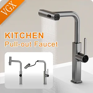 VGX Kitchen Faucet with Pull Down Sprayer Single Handle Mixer for Basin 360° Rotating Spring Style Taps Brass Chrome Gold Black