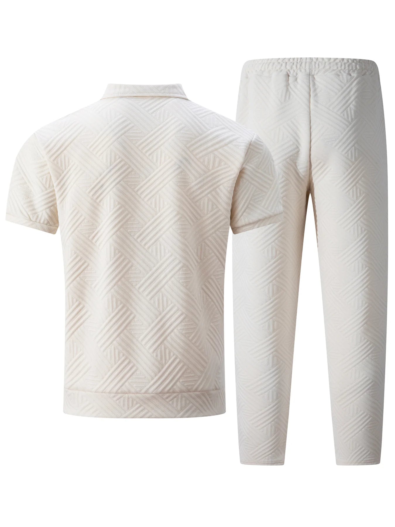 2025 Men's Casual and Fashionable short-sleeved jacket and shirt with solid-colored drawstring trousers two-piece set.