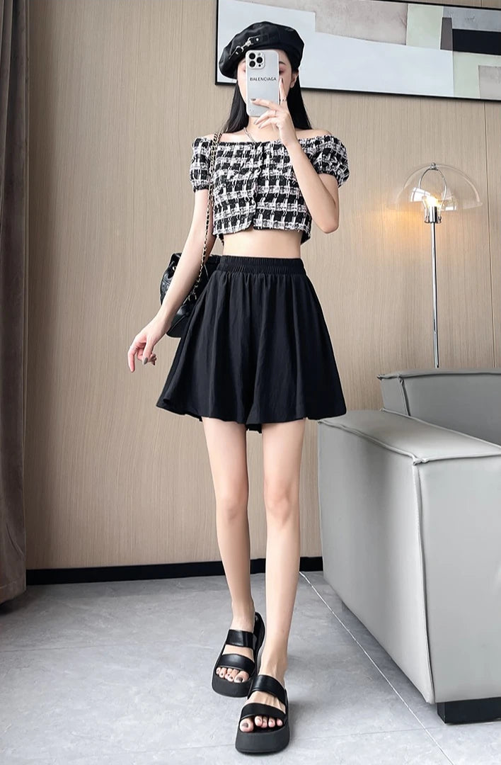 Women Quick Dry Sporty Short Pants Summer Thin Pleated Shorts Skirts High Waist A- Line Five Quarter Pants Cool Wide Leg Pants