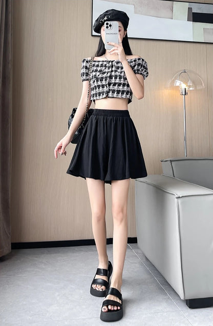 Women Quick Dry Sporty Short Pants Summer Thin Pleated Shorts Skirts High Waist A- Line Five Quarter Pants Cool Wide Leg Pants