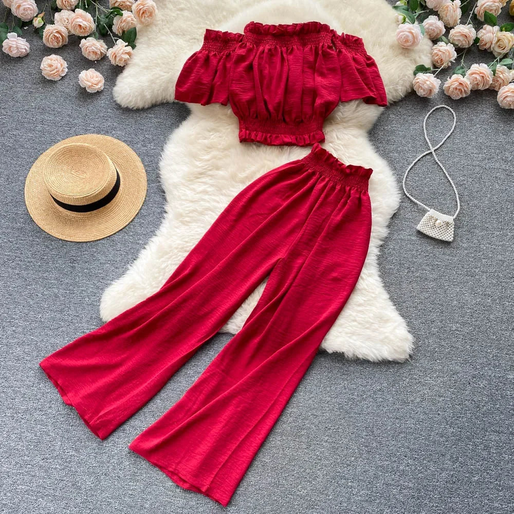 2024 Summer Green/Black/Red Two Piece Set Women Sexy Slash Neck Short Tops + High Waist Wide Leg Pants Female Suit New.