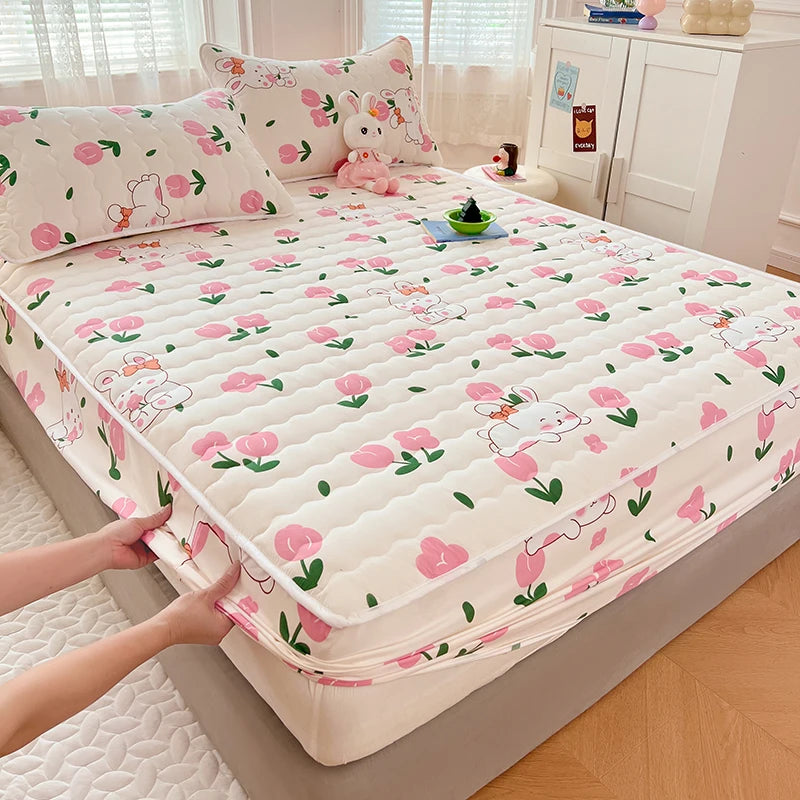 Quilted Mattress Cover For Kids Single/Double Size Rabbit Printing cubre colchón 200X220cm Anti-Mite 매트리스커버 Queen/King Size 매트리스