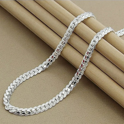 925 Sterling Silver 2 Piece Full Side Chain Necklace Bracelet Women Men Fashion Jewelry Set Wedding Gift.