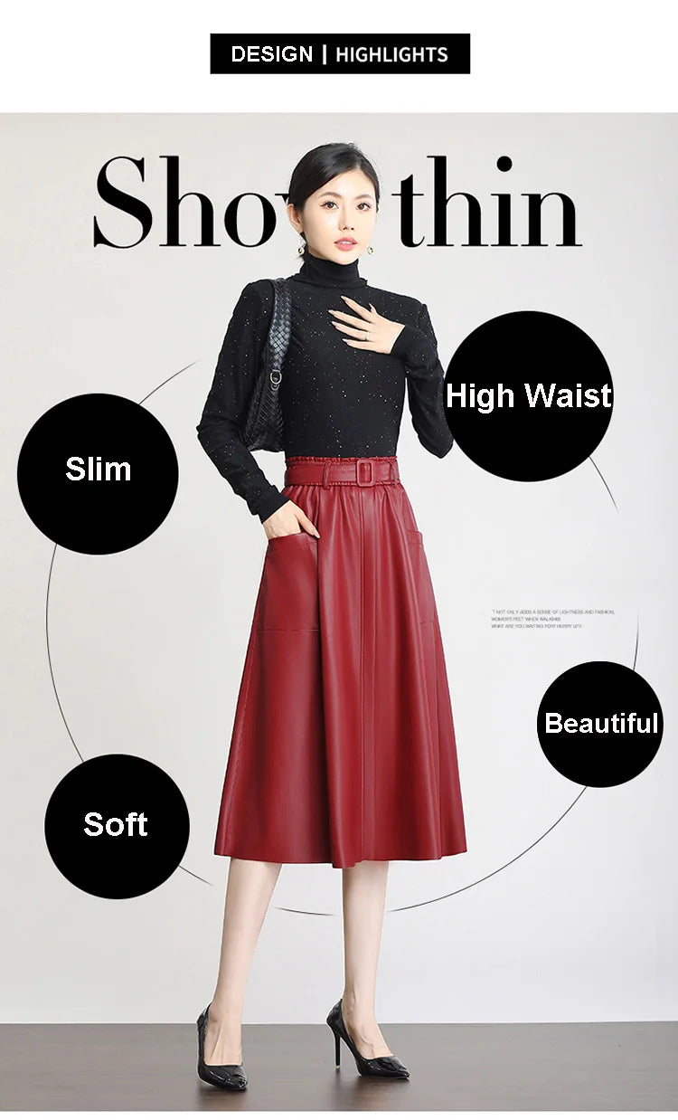 S-5XL New Women Plus Size Leather Skirt Spring Autumn Fashion Stretch Waist A-Line Loose Long Skirt Split Leather Sheepskin.