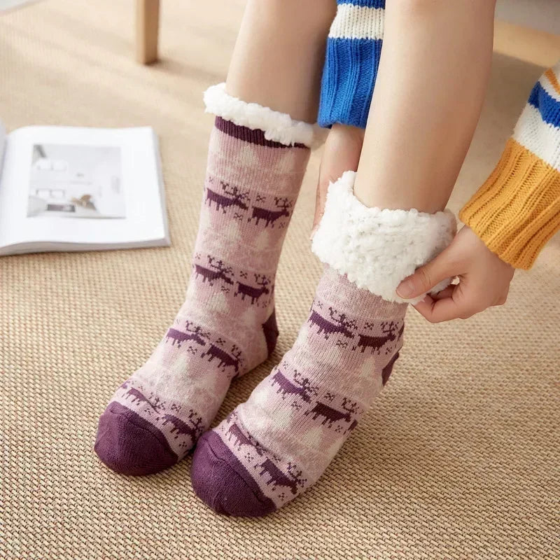 Fuzzy Fluffy Sock Women Winter Christmas Gift Warm Plush Non slip Home Sleeping Soft Female Floor Thermal Slipper Sock Snowflake.