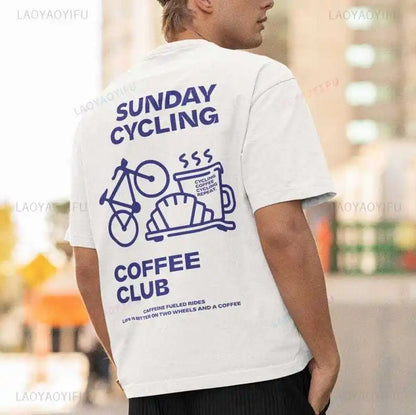 Sunday Cycling Coffee Club Graphic T Shirts Unisex Woman Man Summer Bicycle High Quality Cotton T-shirt Classic Breathable Tops.
