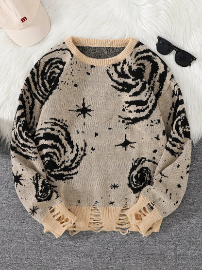 New Popular Street Ripped Abstract Starry Sky Pattern Pullover Ripped Sweater Casual Round Neck Knitted Men's Pullover.