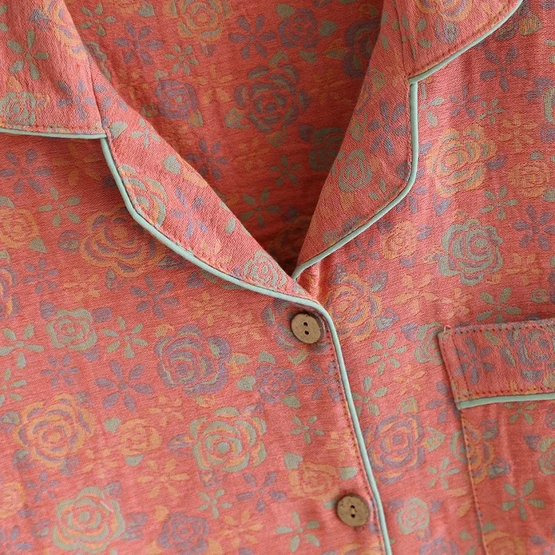 100% Cotton Crepe Homeclothes 2023 Autumn/Winter Women's Pajamas Suit Long-Sleeved Trousers 2-piece Yarn-Dyed Jacquard Pajamas