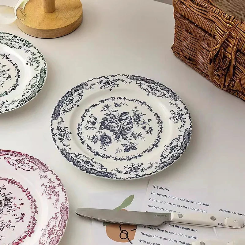 8/10Inch French Vintage Rose Ceramic Plate European Style Dinner Dishe Plates Salad Dessert Dinner Dish Household Art Tableware.