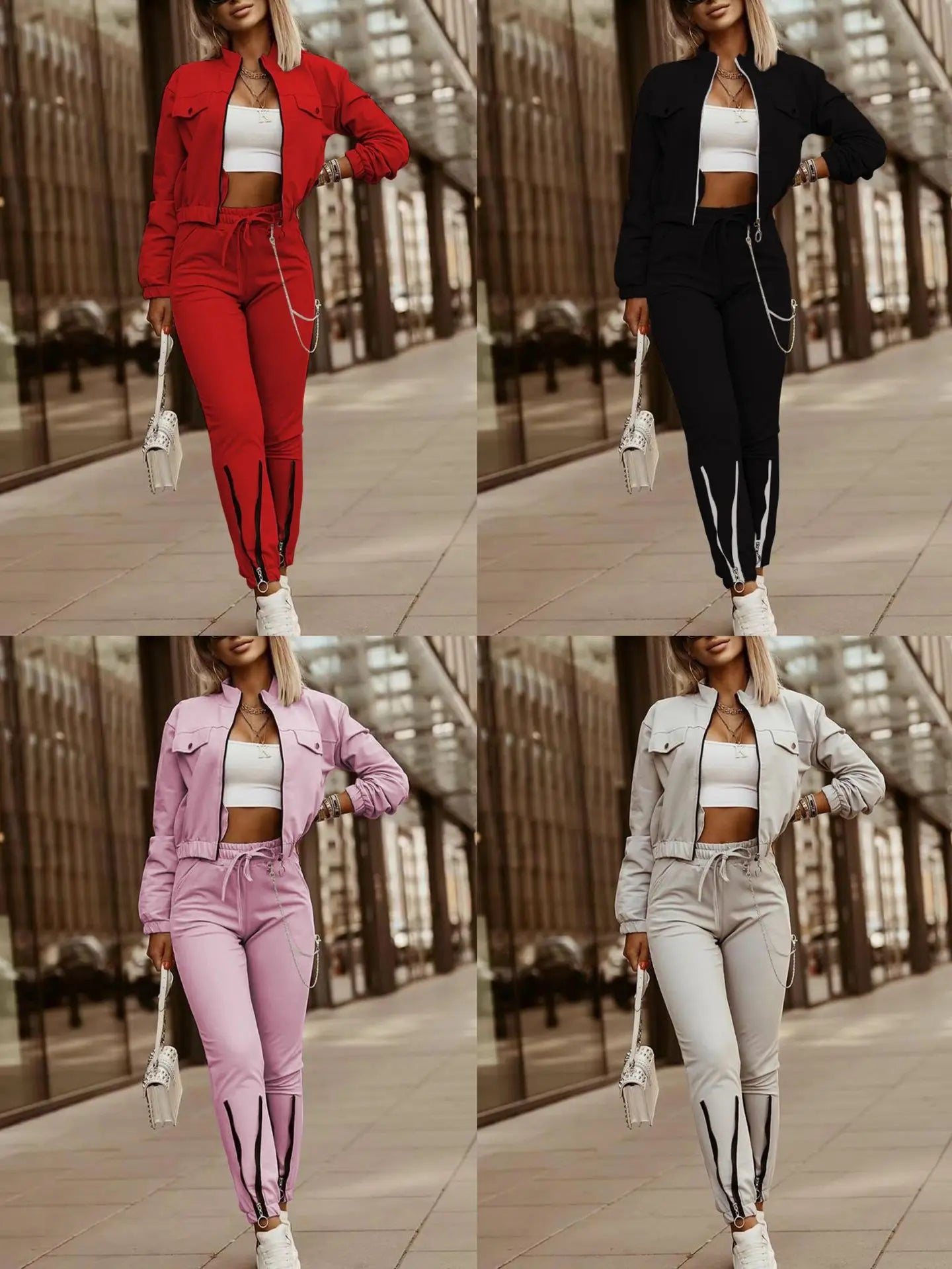 Women's Spring Summer New Fashionable Zipper Design Long Sleeve Top+Drawstring Pants Casual Two Piece Pants Set.