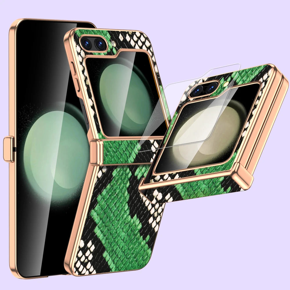 Cowhide Leather Phone Case for Samsung Galaxy Z Flip7 Flip6 Flip5 Flip 7 6 5 Luxury Hinge Protection Cover with Tempered Glass.