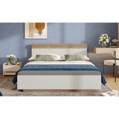 Doppelbett, Holzbett, schwebendes Bett mit Kopfteil des Bettrahmens und Lattenrost, 205 x 144 x 90,5 cm, Set in Eiche Sonoma/Weiß (ohne Matratze)