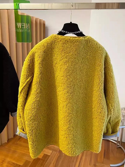 Hochwertige Lammwolljacke für Damen, lockerer warmer Samtmantel, 2025, neuer Frühling und Herbst, große Taschen, modische Oberbekleidung, M-3XL.