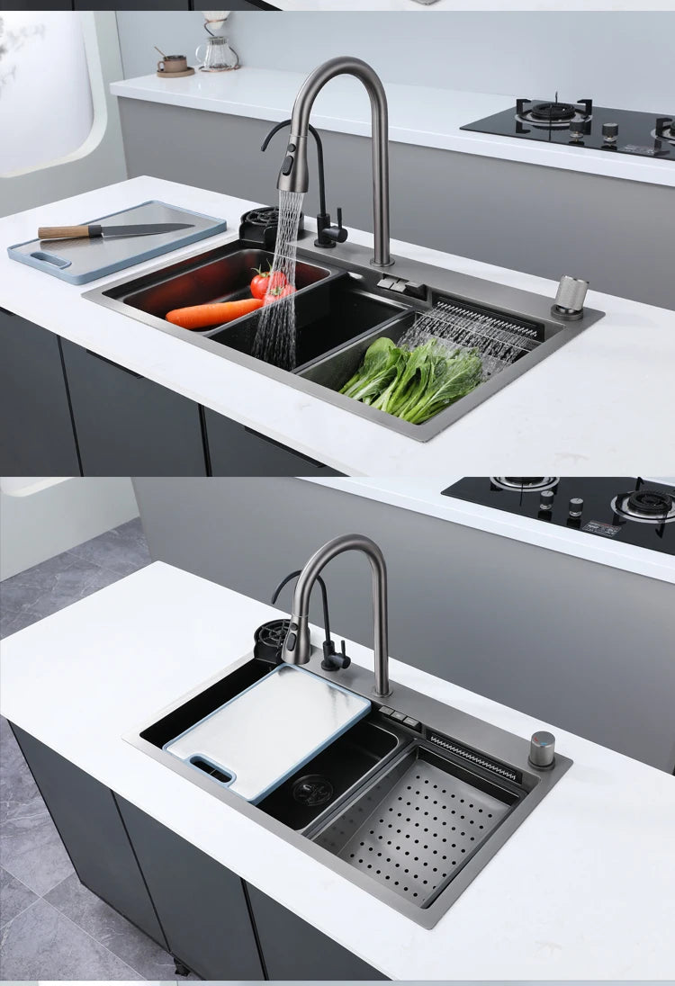 New Stainless Steel Kitchen Sink with Waterfall  Large Single Slot Various Multifunctional Sinks Dish and Vegetable Wash Basin