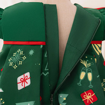 Kleinkind Santa Claus Cartoon Gedruckt Bogen Prinzessin Kleid Infant Weihnachten Thema Party Ballkleid Neugeborenen Nette Charme Kostüme.