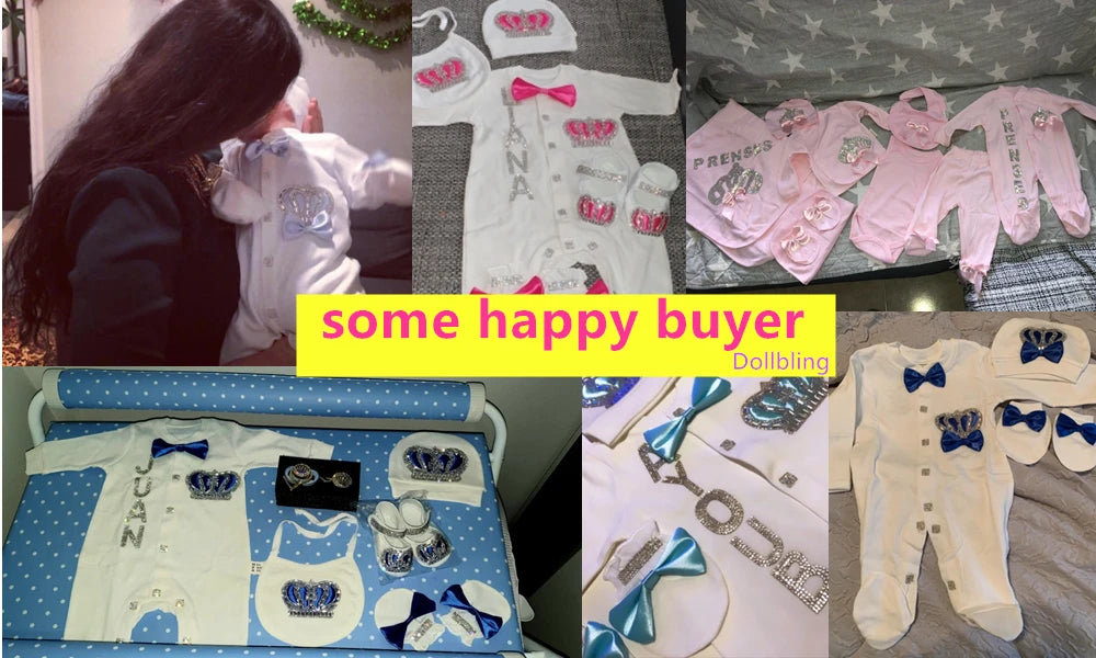 5pcs Handmade DIY Vinyl Name Personalized Baby Girl Newborn Jewels Crown Pink Take Me Home Layette 5 Piece Deluxe Gift Set.