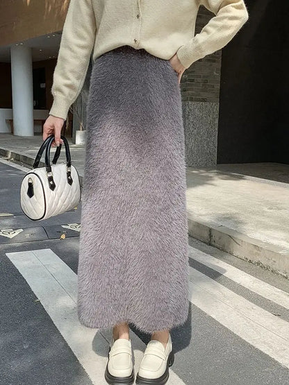 Autumn Winter New Knit Long Skirt Women Casual Thick Korean High Waist Soft A-Line Skirt.