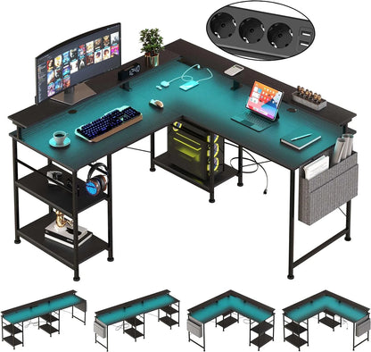 L-förmiger Schreibtisch Computertisch mit Regal, Steckdose, USB, LED RGB, Gaming Bürotisch, Grau/Schwarz