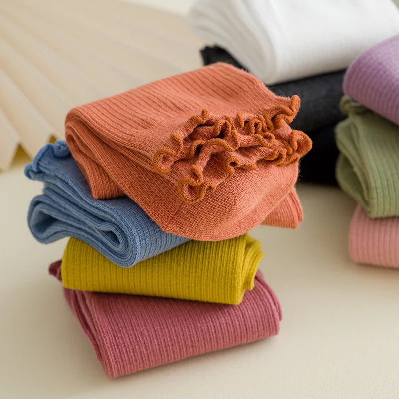 5 Pairs of Women's Solid Color Cotton Socks Japanese Style Ruffle Stacked Socks Cute Laciness Women's Long Socks.