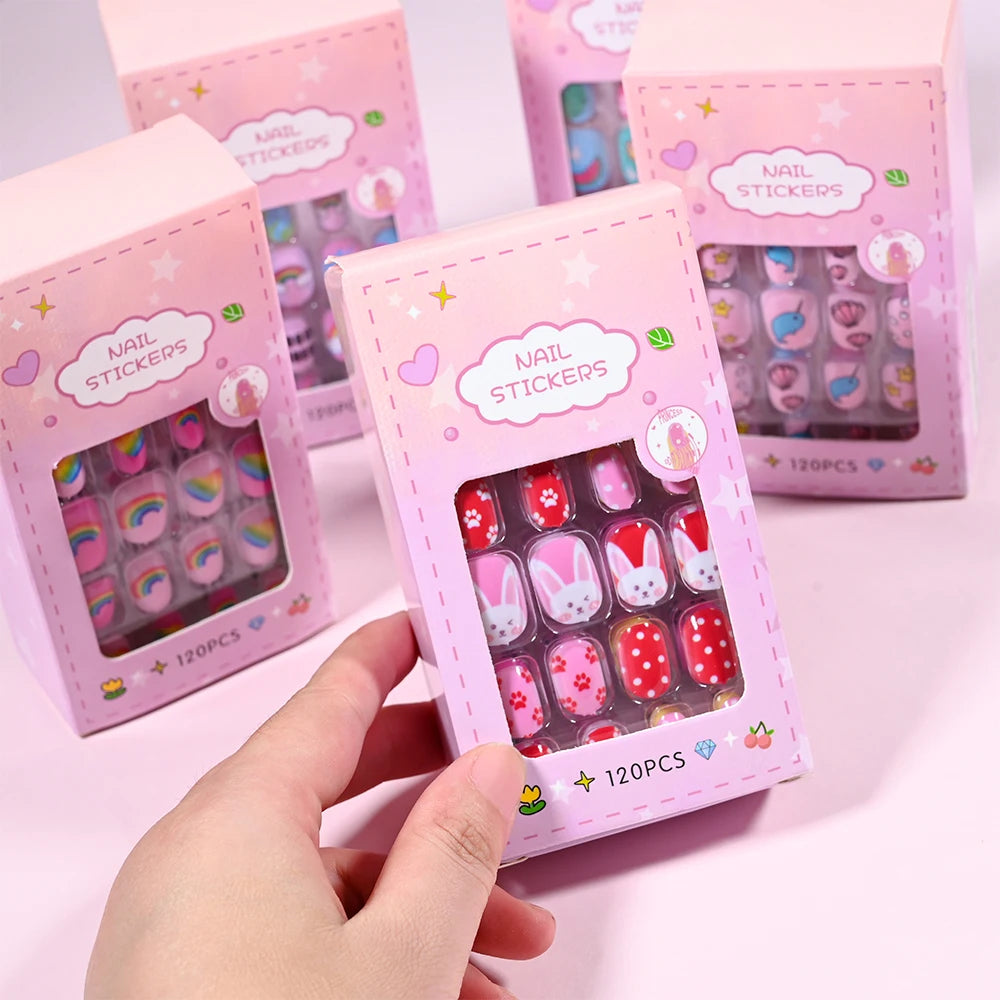 120pcs/box Pink Cartoon Children Press On Nails Candy Color Unicorn Cat Bunny Kids Full Cover False Nail Girls Party Nail Decora.