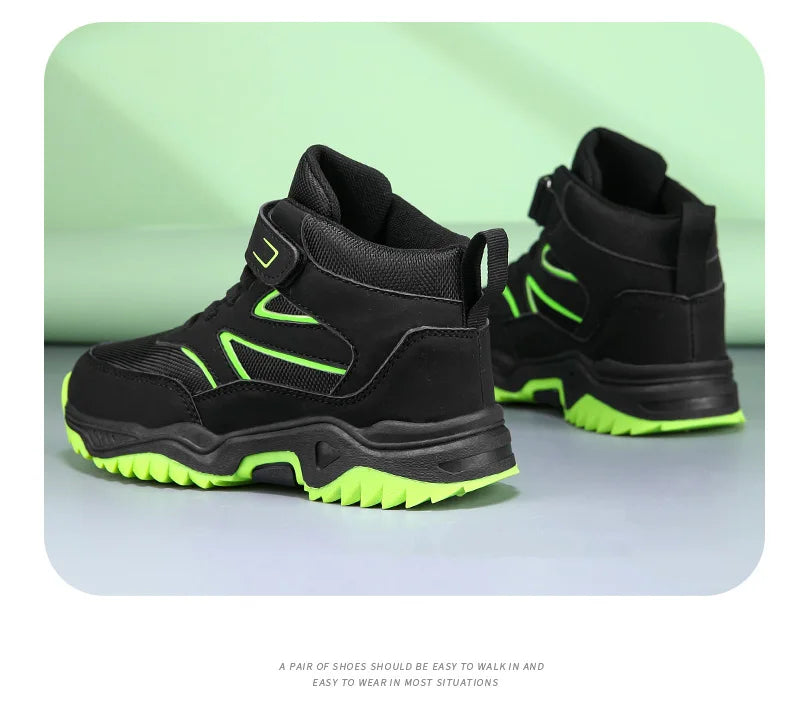 New Boys' Sports Shoes Non-slip School Children's Leather Breathable Running Black Fashion Hiking Shoes Sneaker Size 29-40.
