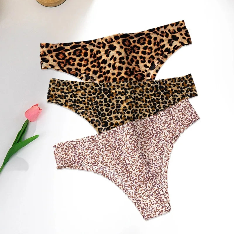 WarmSteps 3Pcs/Set Sexy Leopard Thongs Women's Panties Thongs 2024 New Female Underwear Seamless Printed Panties Ice Silk Briefs