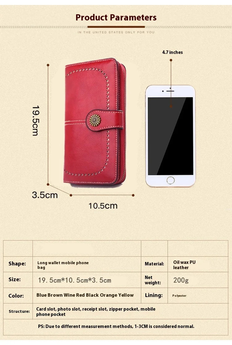 Fashionable new hollow out coin purse for women's oily leather phone bag, long zipper handbag,coin bag Triple fold ladies wallet.