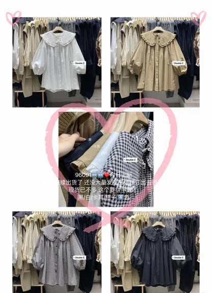 Shirts Women Spring New Plaid Peter Pan Collar Ruffles Loose All-match College Japanese Mujer Kawaii Swwet Tender Chemise Femme.