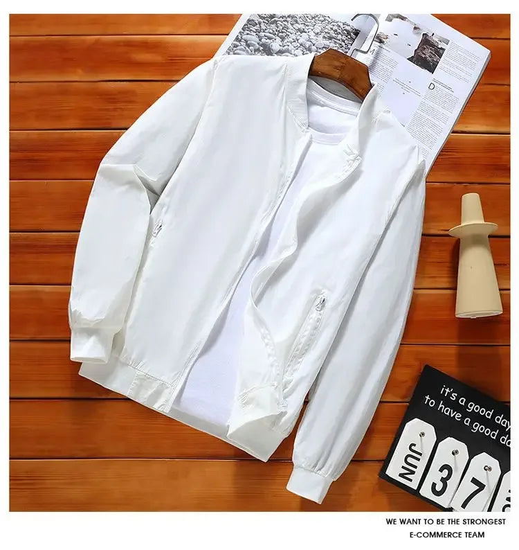 2024 Summer New Thin Style Round Neck Long Sleeve Screw Thread Zipper Jacket Man Solid Color Pockets Casual Sunscreen Clothing.