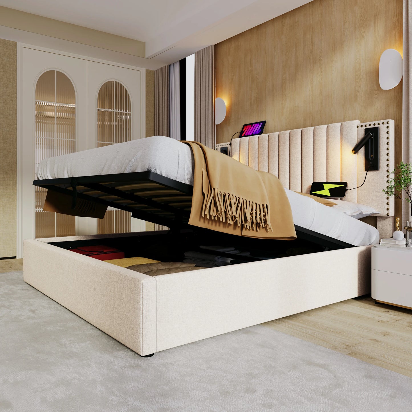 KOMHTOM Polsterbett Doppelbett, Leselicht und USB-Ladefunktion im Kopfteil, Baumwollmaterial, ohne Matratze