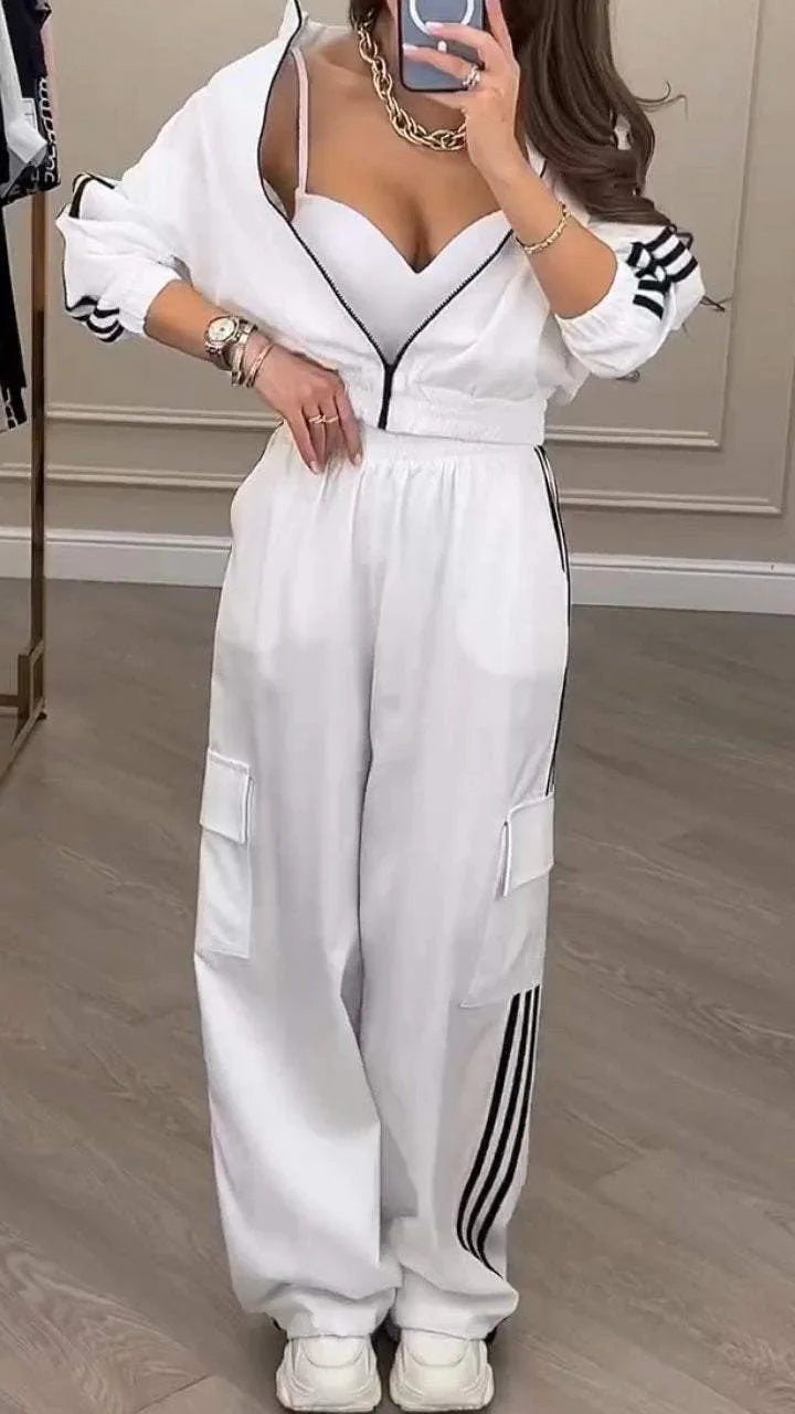 Sports Trousers Loose White Casual Women's Set Fashion Zipper High-waisted Hoodie + Wide-leg Overalls 2-piece Sweatshirt Suit