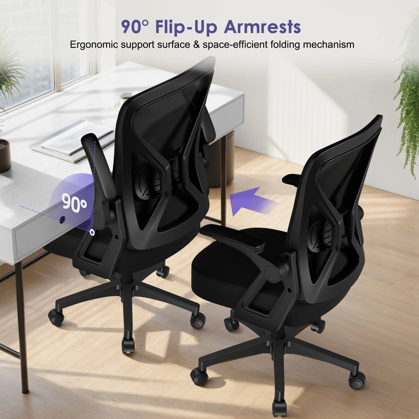 AUTHMIC Ergonomischer Bürostuhl mit Netzrücken, Lordosenstütze, hochklappbare Armlehnen, höhenverstellbar, für die Arbeit im Home-Office-Schreibtisch