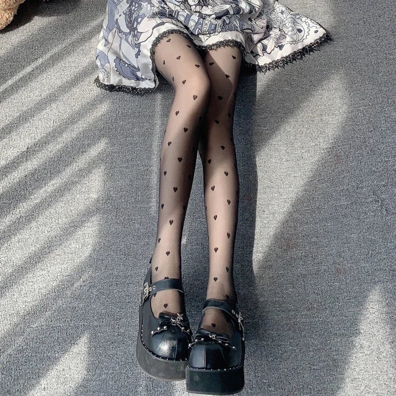 Heart Print Women Tights Ultra-thin Nylon Thigh High Stockings Pantyhose Women Lingerie Female Hosiery High Waist Body Stockings.
