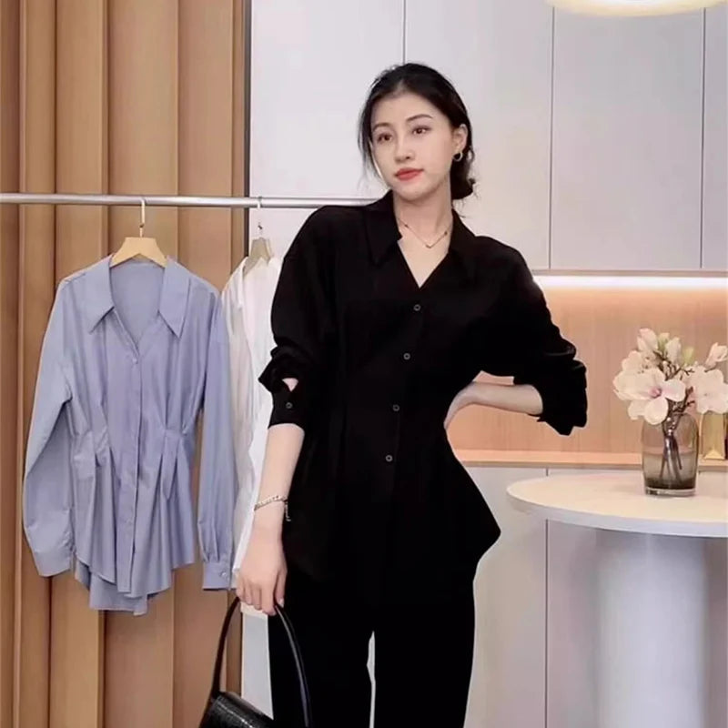 Waist Cinched Slimming Long Sleeve Shirts Women Spring Autumn All-Match Single Breasted Chic Shirt New Temperament Solid Tops.