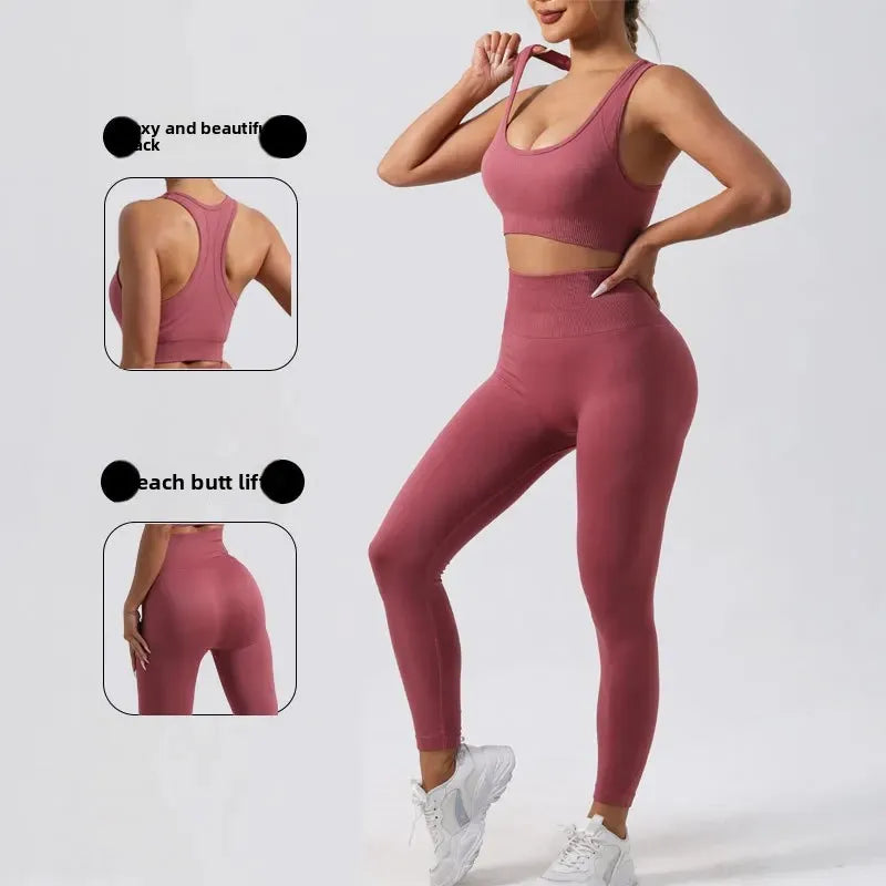 High Waist Nylon Seamless Knitted Yoga Wear Fitness Sportswear Quick Dry Breathable Butt Lifting Slimming Exercise Set.