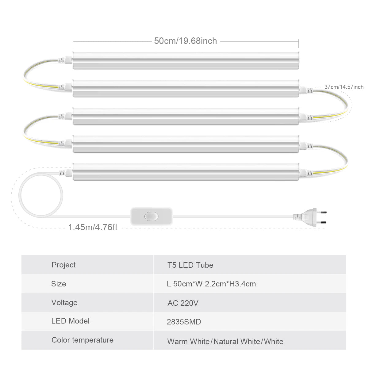 Strobe-free 50CM T5 LED Light Tube 15W AC 110V-220V LED Tube Bulb For Under Cabinet Ceiling Shop Workbench Warehouse Wall Lamp.