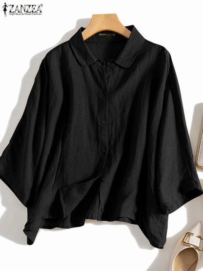 ZANZEA Summer Fashion Lapel Neck Shirt Women Elegant 3/4 Sleeve Blouse Work Buttons Down Tops Tunic Female Casual Loose Blusas.