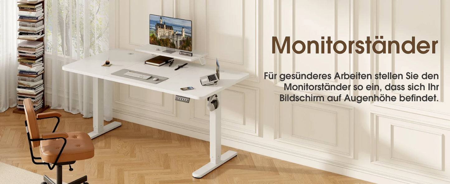 Devoko Höhenverstellbarer Schreibtisch Elektrisch 160×70cm mit Monitorständer,Ergonomisches Sitz-Stehpult (Weiß)