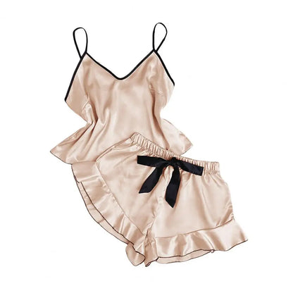 Damen-Pyjama-Set mit Trägern, elegantes Satin-Damen-Pyjama-Set mit Spaghettiträger-Oberteil, rückenfrei, V-Ausschnitt, Rüschen, plissiert für Komfort.