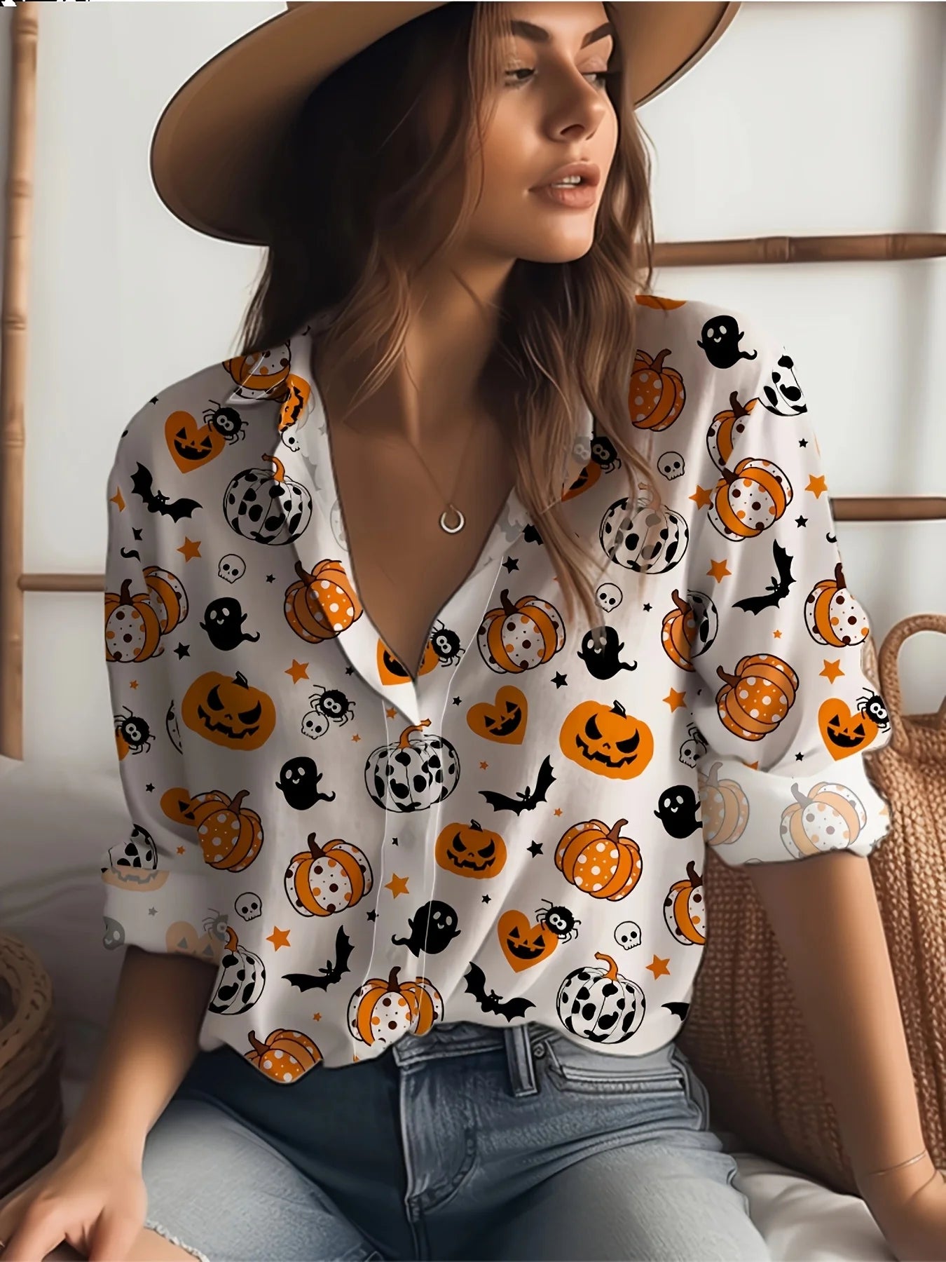 Women's Halloween skull shirt gothic style top button front shirt suitable for party wear casual wear.