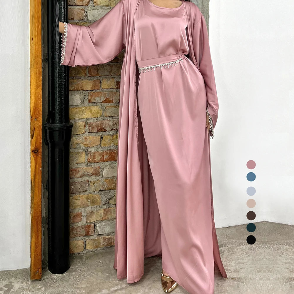 Ramadan Kebaya Chain Satin Kimono 2 Piece Abaya Set Turkey Islam Dress Muslim Sets Abayas For Women Robe Femme Musulmane Kaftan.