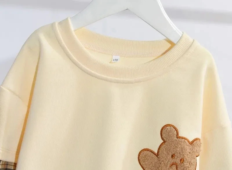 3-14 Years Teenager Girls Outfits Cute Bear Sweatshirt + Plaid Skirt 2Pcs Suit For Girls Birthday Present Children Clothing Sets.